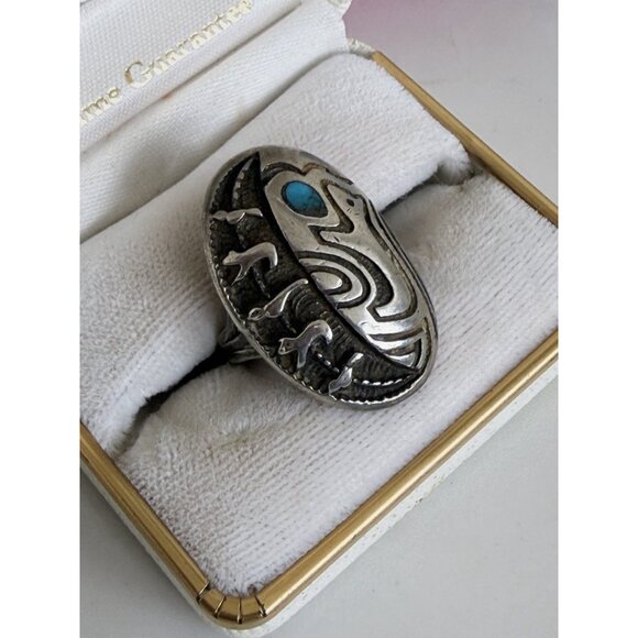 Vintage 60s Navajo Ring Sterling Turquoise Fetish Animals Birds Bears Size 7.25 - Picture 3 of 11